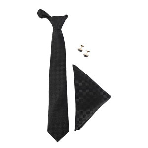 Men Black Neck Tie With Cufflinks And Pocket Square